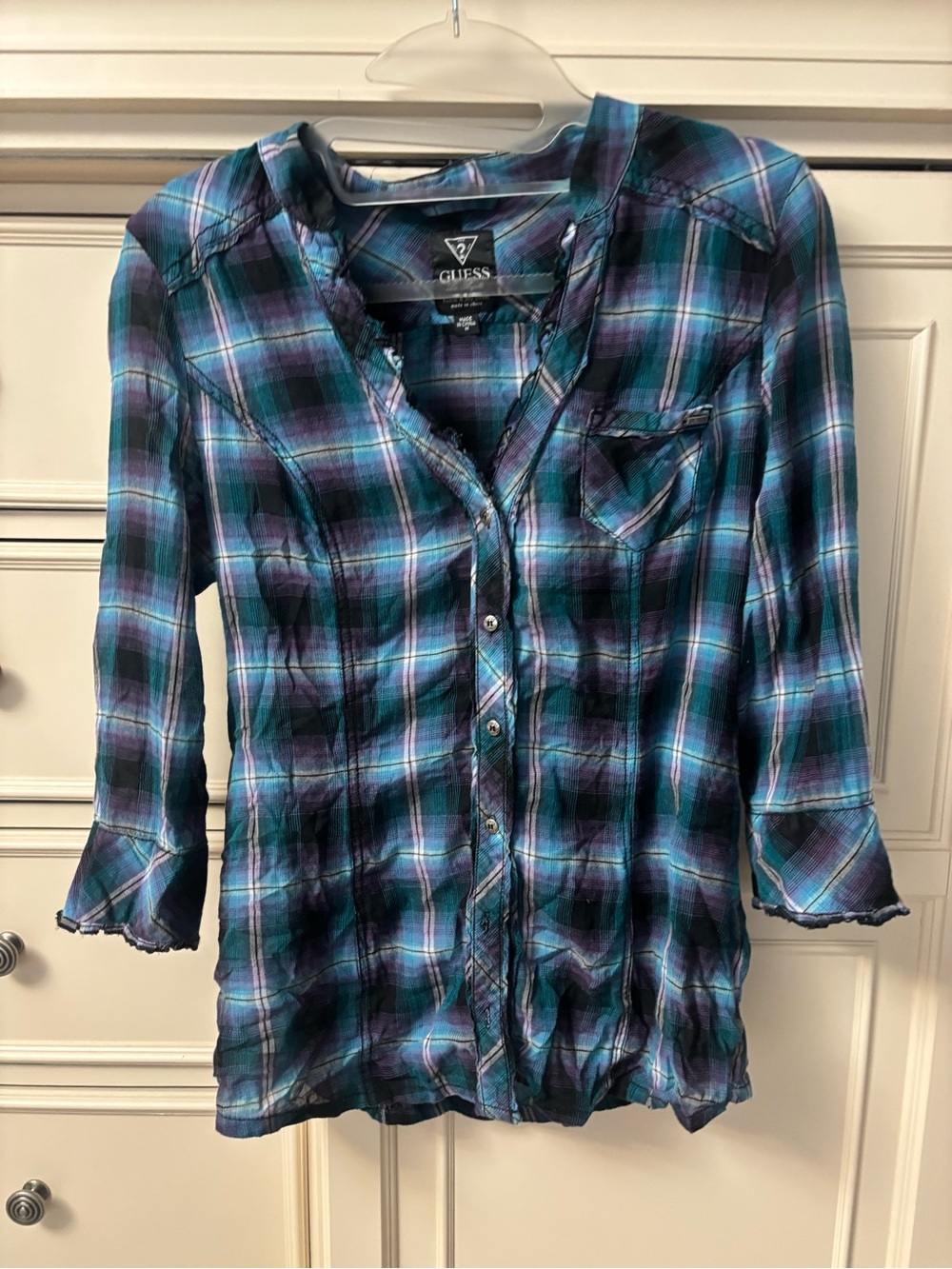 Guess Plaid Shirt Teal Purple Black